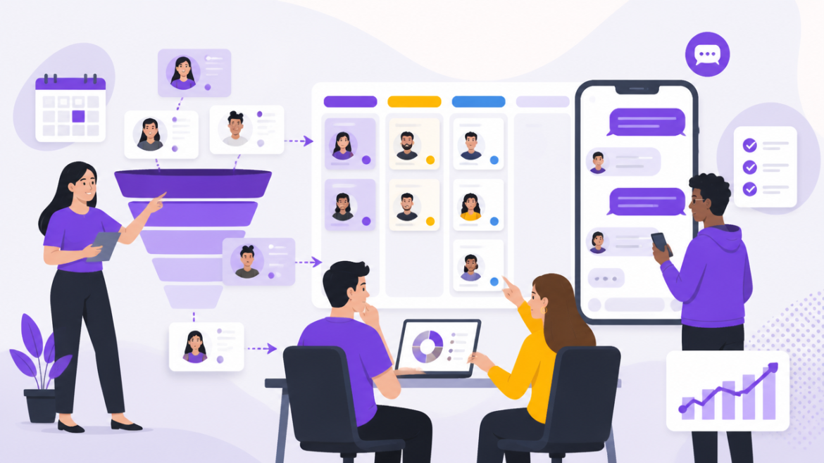 Equipe analisando contatos e priorizando oportunidades em um funil de vendas com mensagens no celular