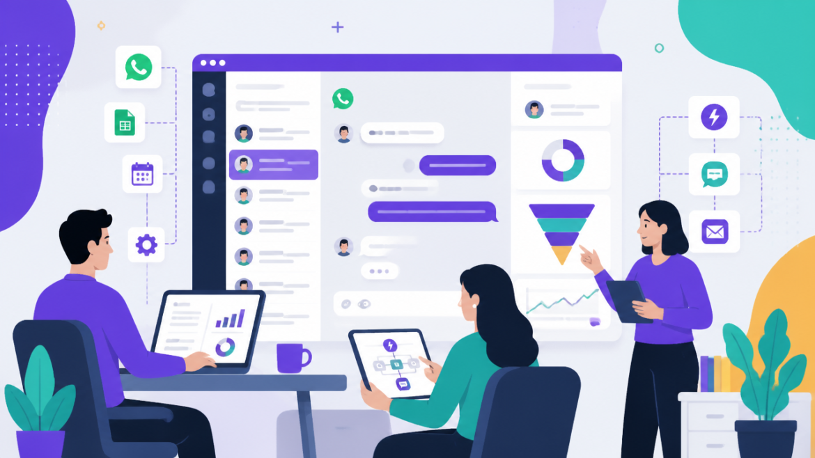 Equipe analisando um chatbot para WhatsApp com integrações, funil de vendas e automações em painel digital