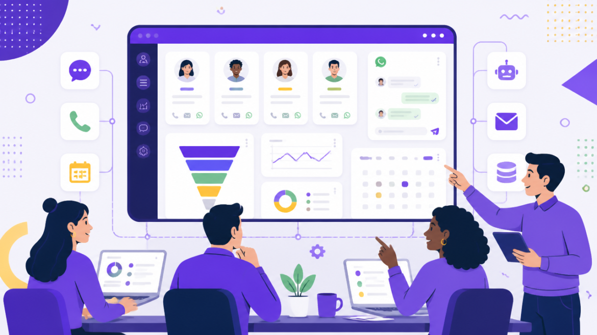 Equipe analisando um painel de CRM com contatos, funil de vendas e mensagens integradas.