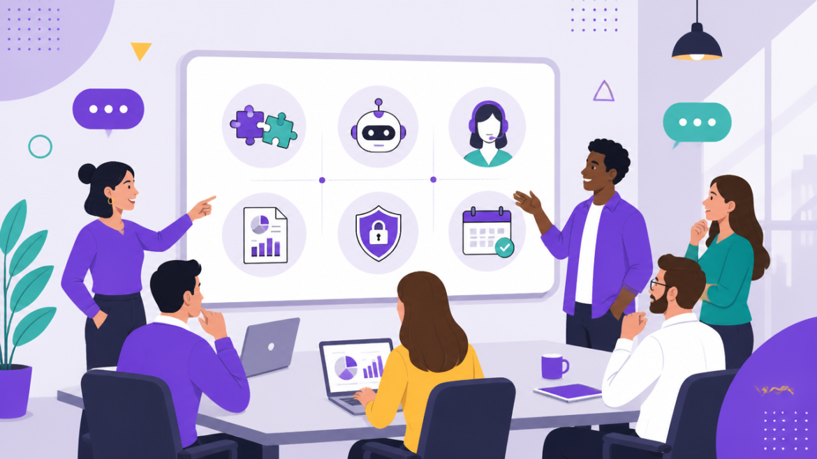 Equipe avaliando critérios para escolher um chatbot de WhatsApp para a empresa
