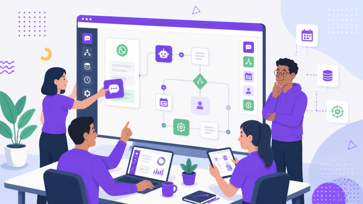 Equipe configurando um chatbot para WhatsApp em um construtor visual sem código
