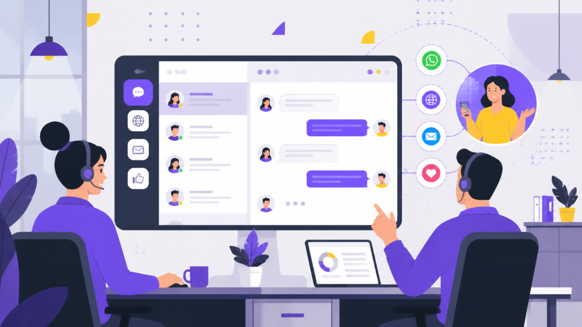 Equipe usando um painel unificado para integrar atendimento no WhatsApp e outros canais