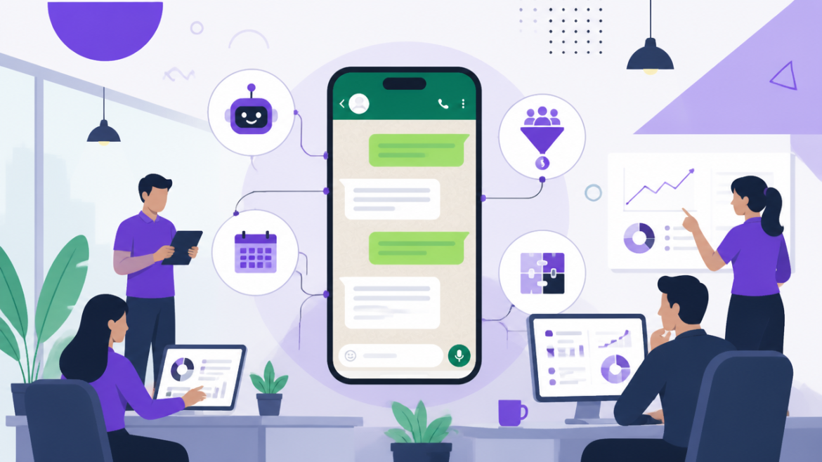 Ilustração de atendimento automatizado no WhatsApp com chatbot, equipe e integrações de negócio