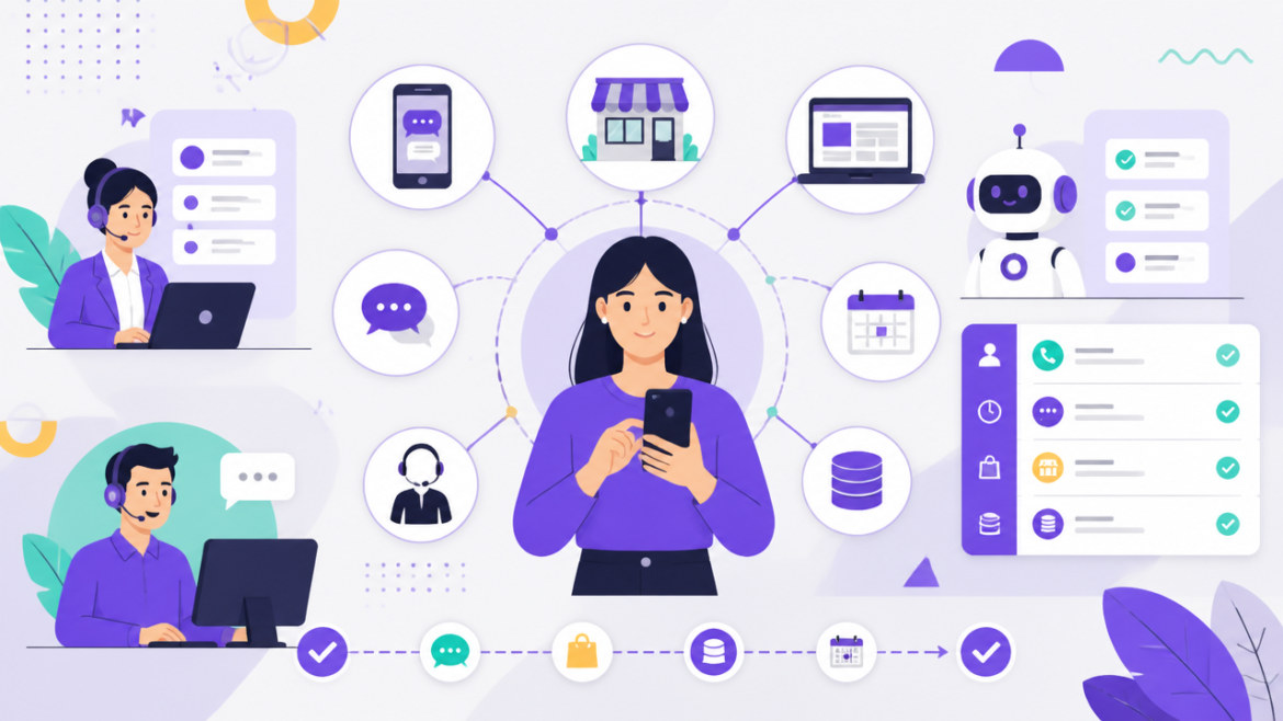 Ilustração de atendimento omnichannel com canais integrados e histórico unificado do cliente