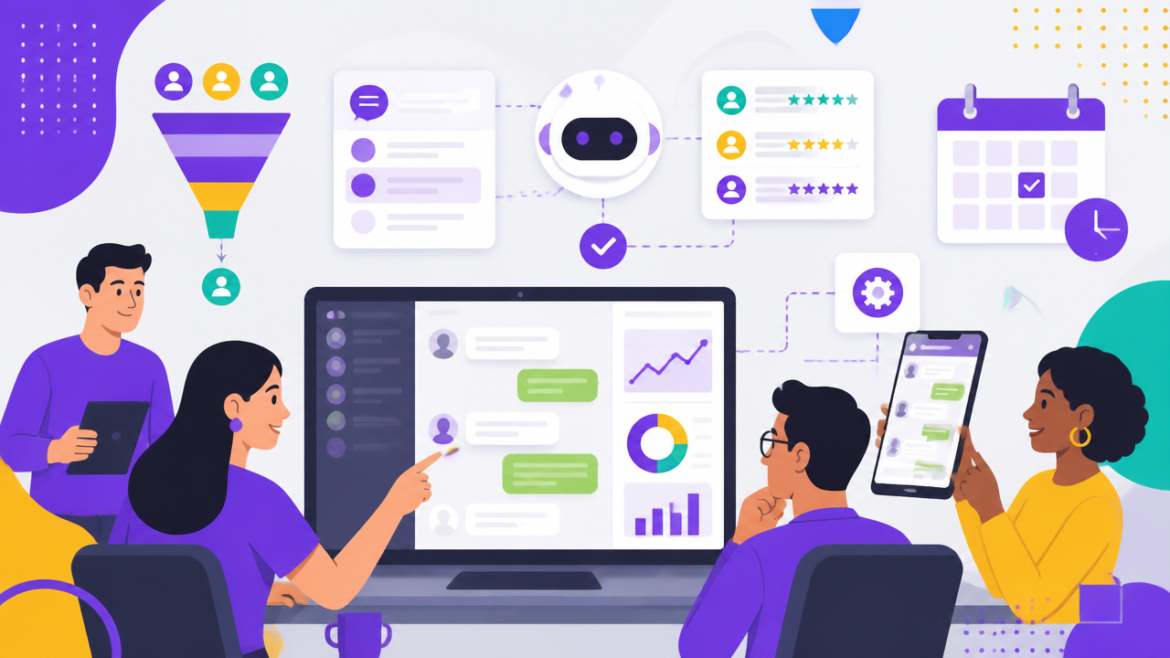 Ilustração de equipe acompanhando conversas, leads e automação de atendimento em canais de mensagens
