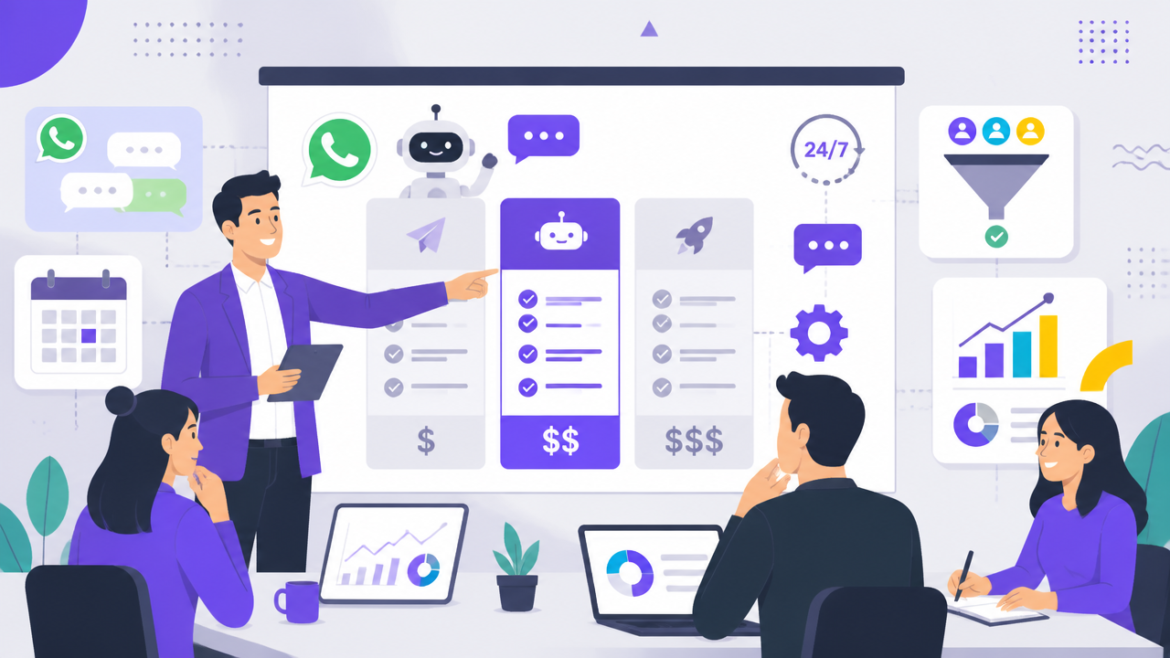 Ilustração de equipe analisando planos e custos de chatbot para atendimento no WhatsApp.