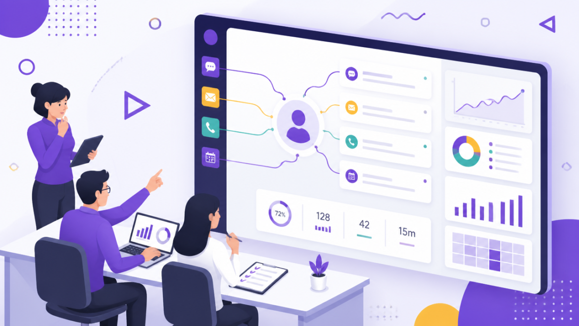 Ilustração de equipe analisando uma plataforma de atendimento com canais integrados em um painel único