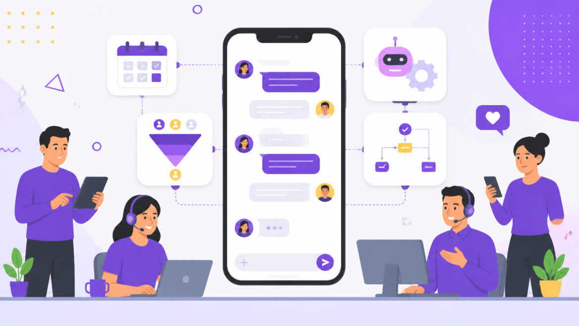 Ilustração de equipe atendendo clientes por conversas no WhatsApp com automação, leads e agendamentos.