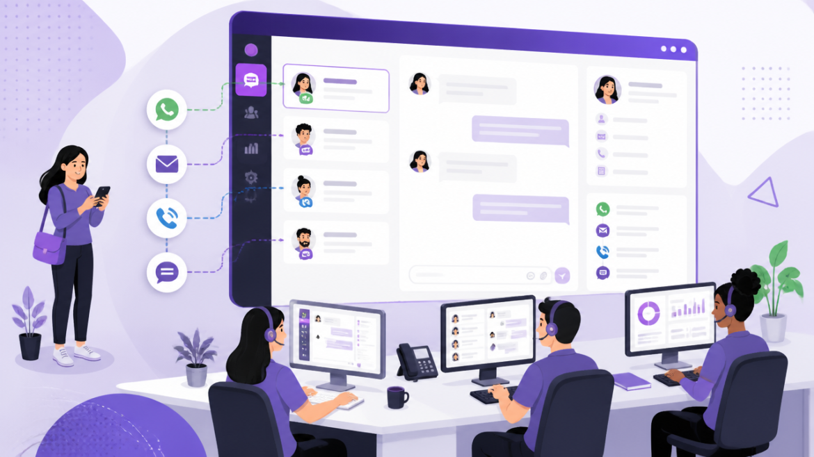 Ilustração de equipe usando uma central unificada para atender clientes em vários canais com histórico integrado.