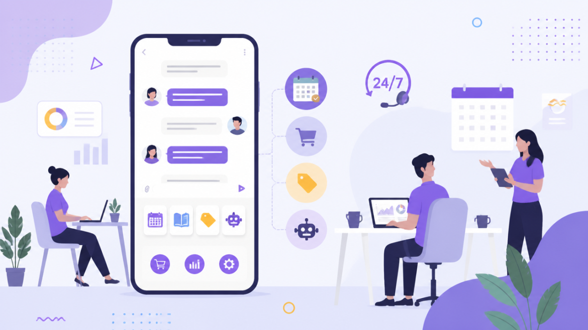 Ilustração de smartphone com recursos de atendimento empresarial, automação, catálogo e agenda para empresas.